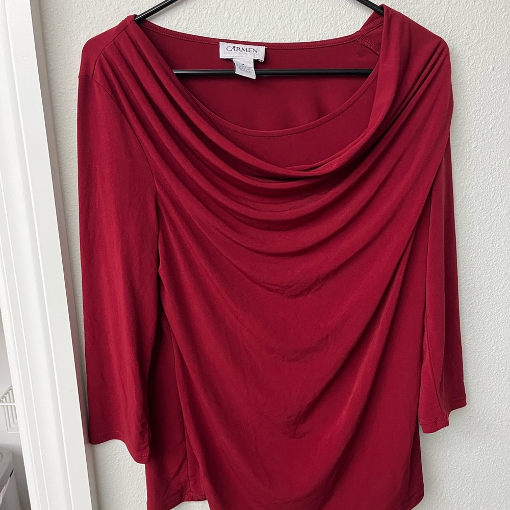 Carmen Marc Valvo Deep Red Drape Neck Blouse